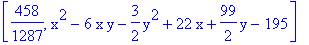 [458/1287, x^2-6*x*y-3/2*y^2+22*x+99/2*y-195]